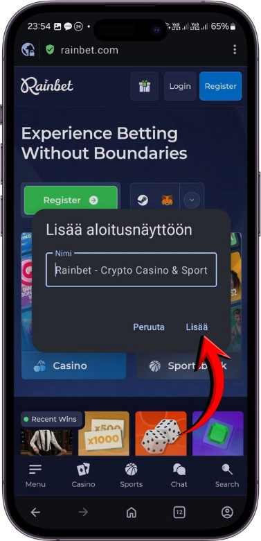 Rainbet lisää pikakuvake