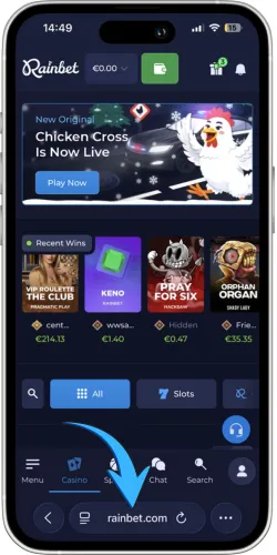 Åpne Safari for å besøke Rainbet Casino