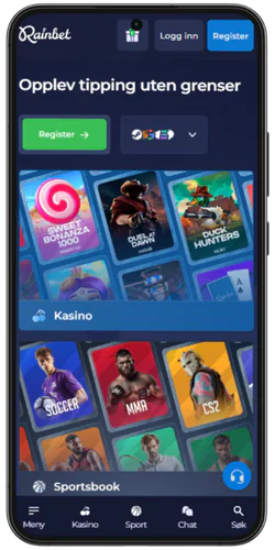 Hovedskjermbildet for Rainbet for Android-kasino