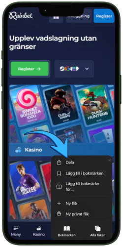 Rainbet app iphone Casinots huvudskärm och delningsknappen
