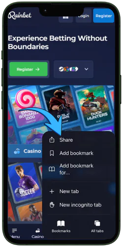 Rainbet casino app main screen and share button