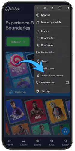 Rainbet official app add to home screen