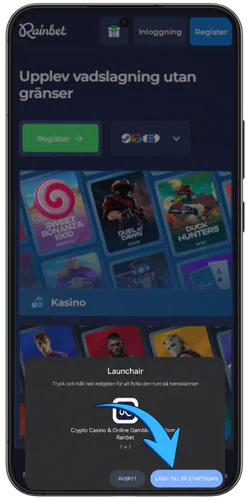 Rainbet official app förhandsgranska genvägen med namnet och lägg till den på skärmen