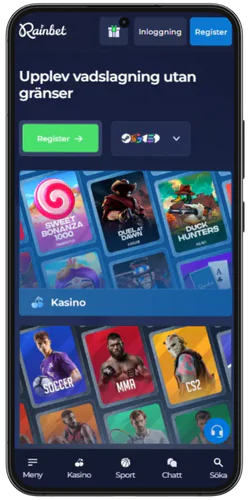 Rainbet official app kasinots huvudskärm