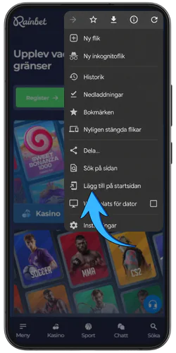 Rainbet official app webbläsarinställningar och knappen Lägg till